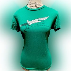 Vintage First edition Threadless green Stabby McKnife t-shirt, girly size L